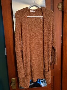 Open-Front Plush Bouclé Cardigan Sweater - Brown